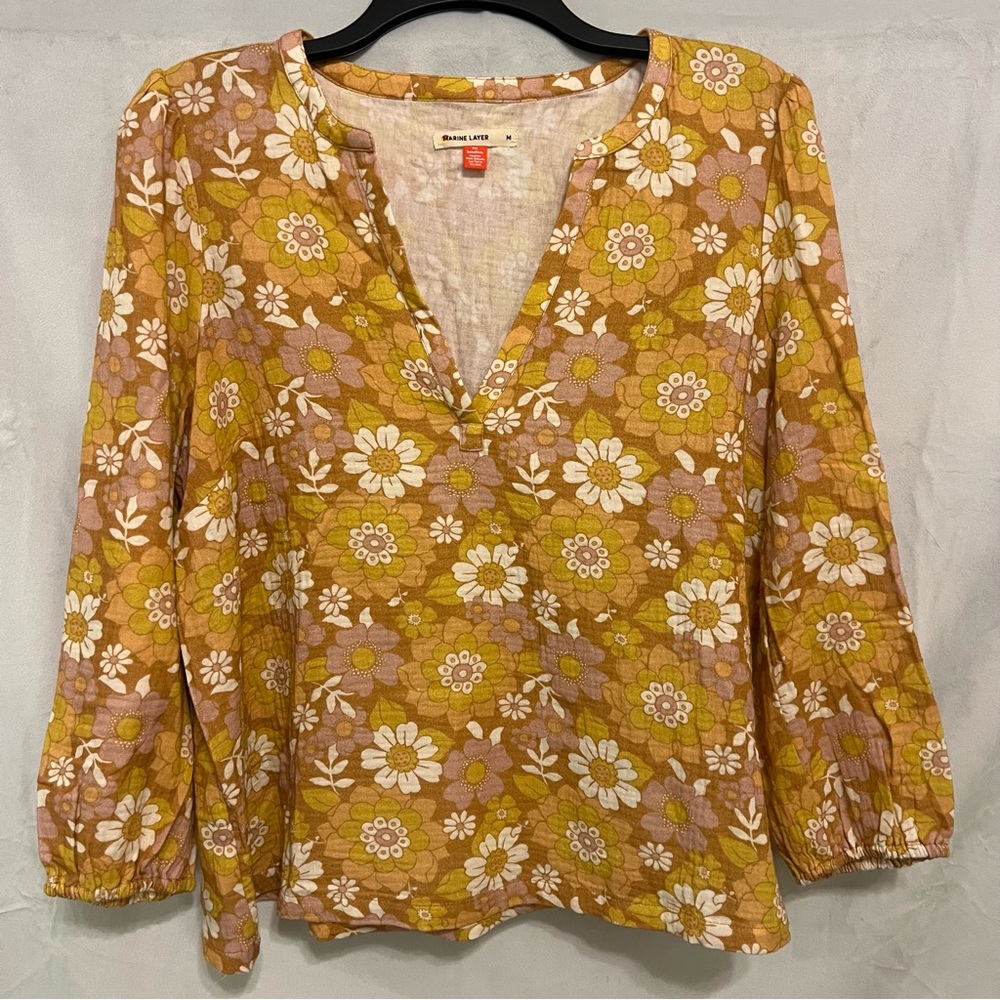 MARINE LAYER Women's Jamie Multi Floral Print Long Sleeve Split neck top Medium - Picture 2 of 10